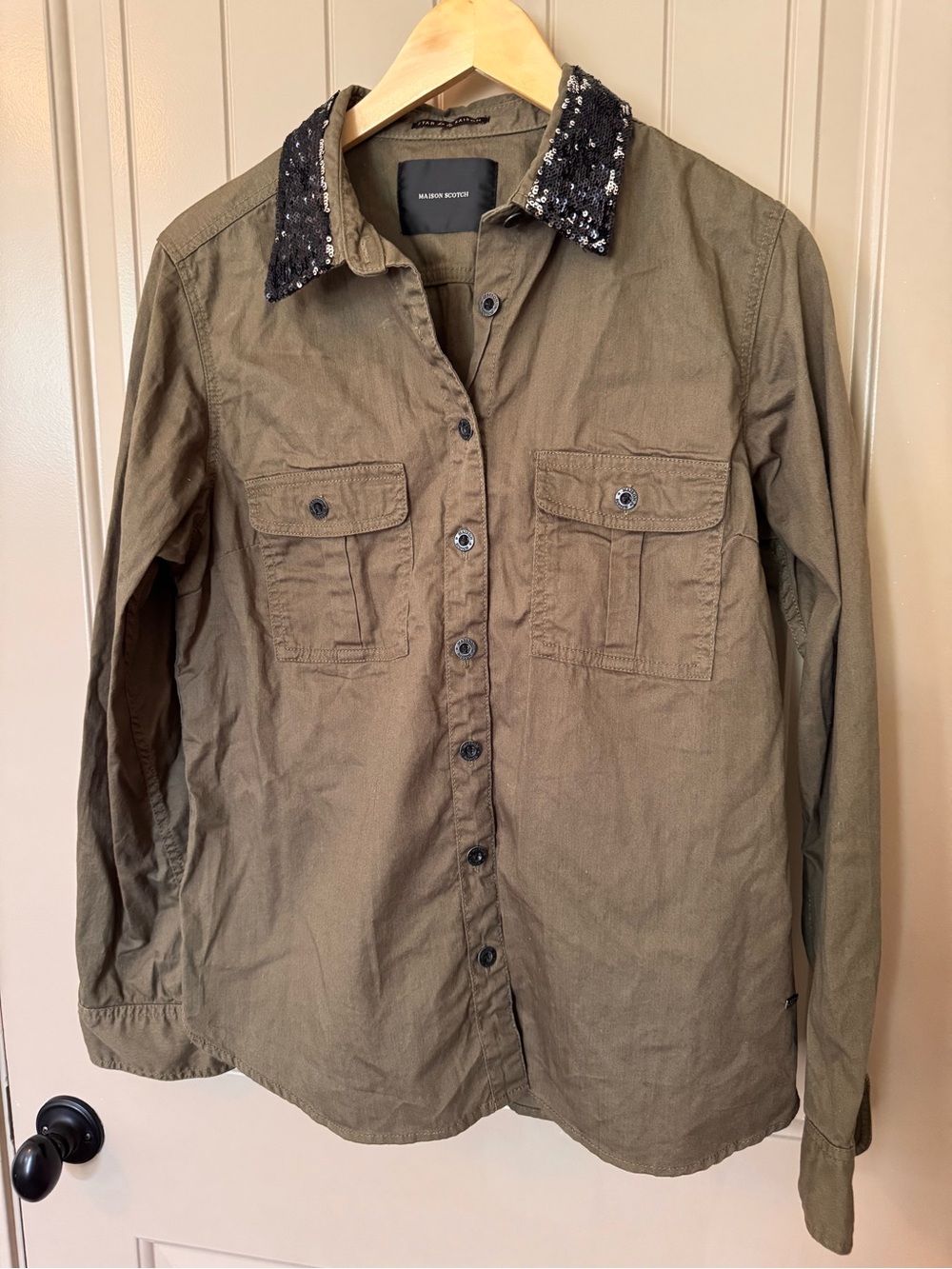 NWT Maison Scotch Green Button Shirt with Sequined Collar